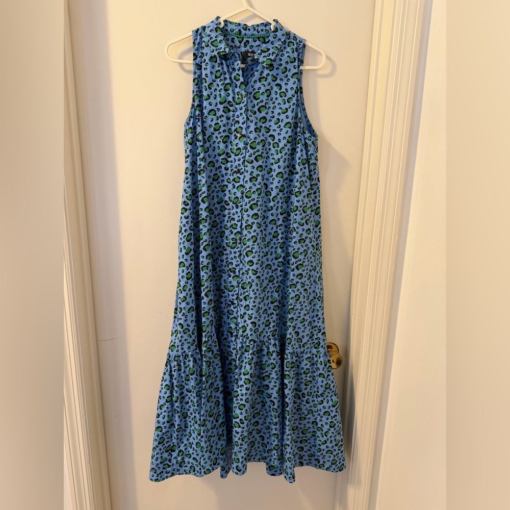 Anthropologie Maeve Paola Flounced Midi Dress Cheetah Print Organic Cotton SM